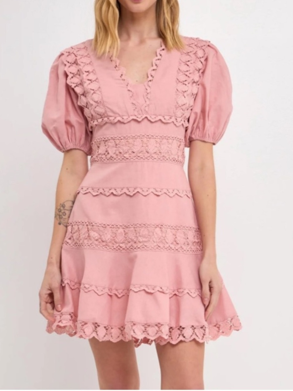 Anthropologie Endless Rose Plunging Lace Trim Dress with Puff Sleeve Dusty Pink